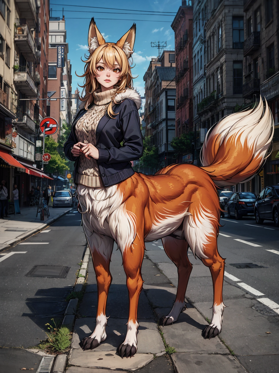 04328-3194095298-masterpiece, best quality, 1girl, fox taur, (fluffy, fur), fox tail, fox ears, fox girl, sweater, city, full body, 4 legs, paws,.png